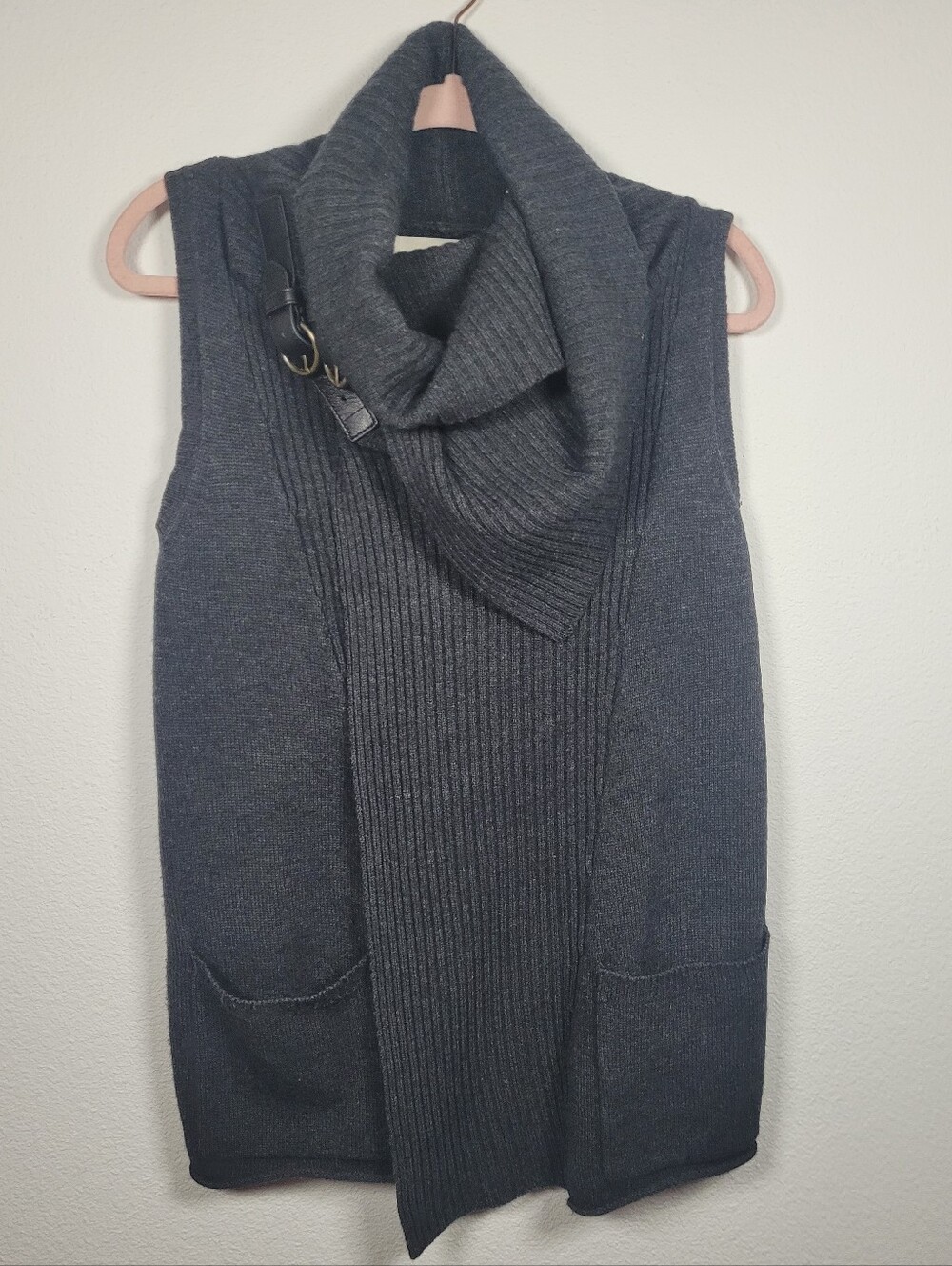 Brochu Walker Wool Cashmere Blend Leather Buckle Cowl Neck Sweater Vest Petite